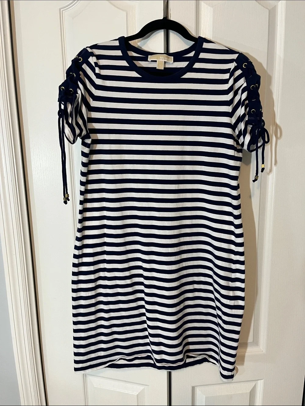 Michael Kors Navy and White Striped Lace-Up Sleeve Dress size Medium